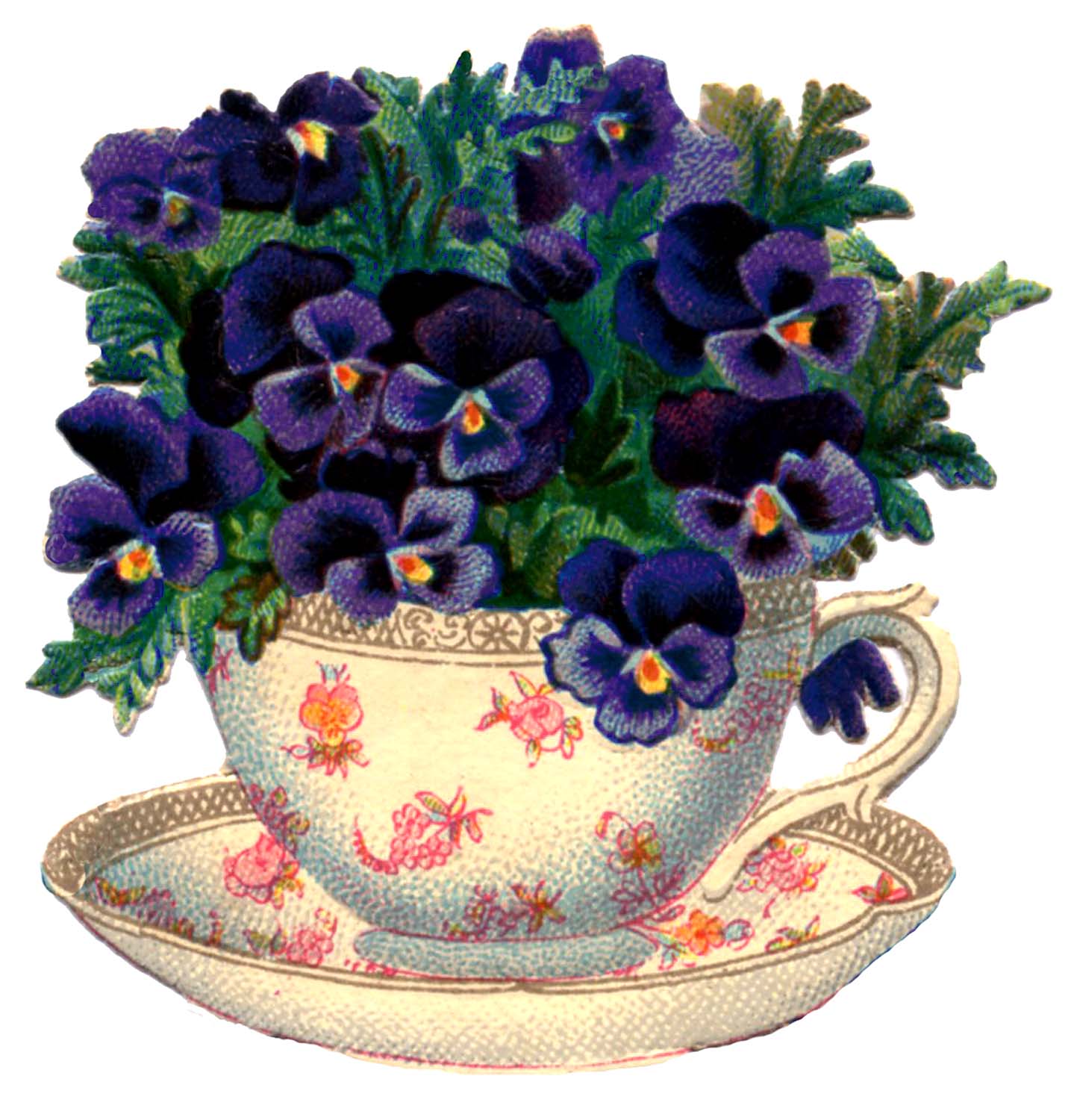 Vintage Graphic   Beautiful Teacup With Pansies   The Graphics Fairy