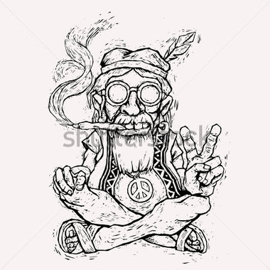 Old Hippie Smokes Marijuana And Shows The Peace Vector Illustration