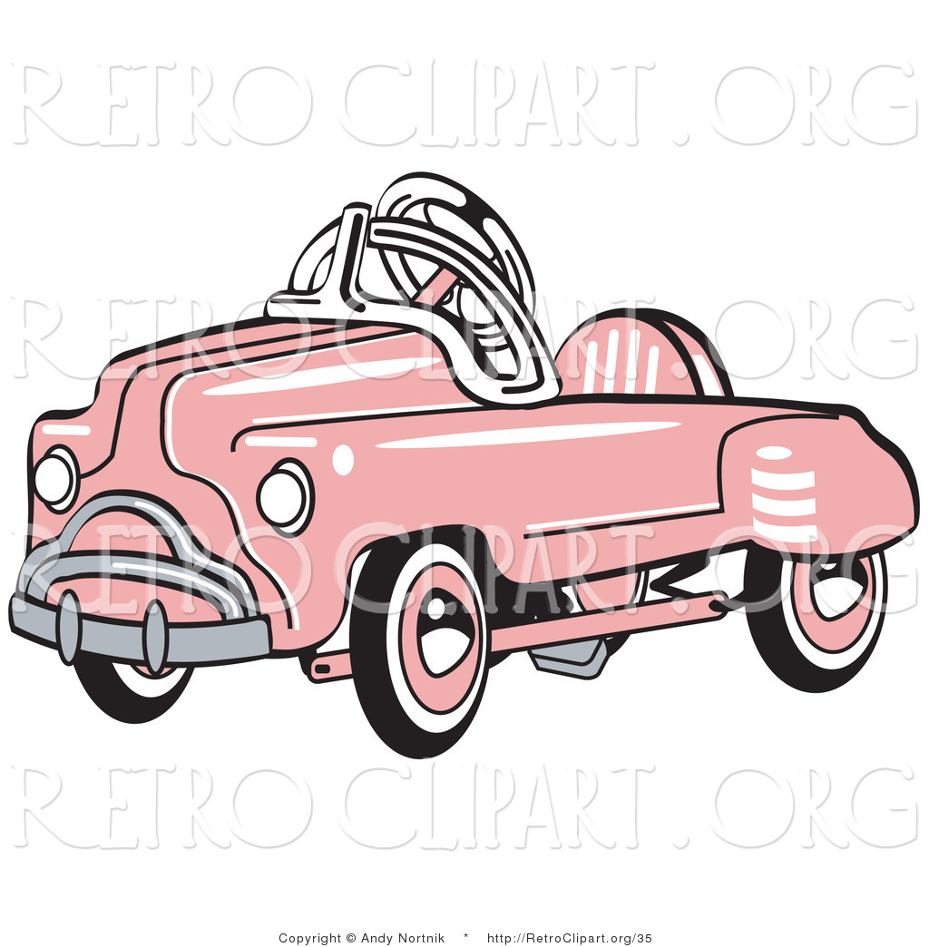 Retro Clipart Of An Old Fashioned Pink Metal Pedal Convertible Toy Car
