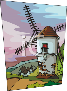 This Dutch Windmill With A Village In The Distance Clip Art Image Is