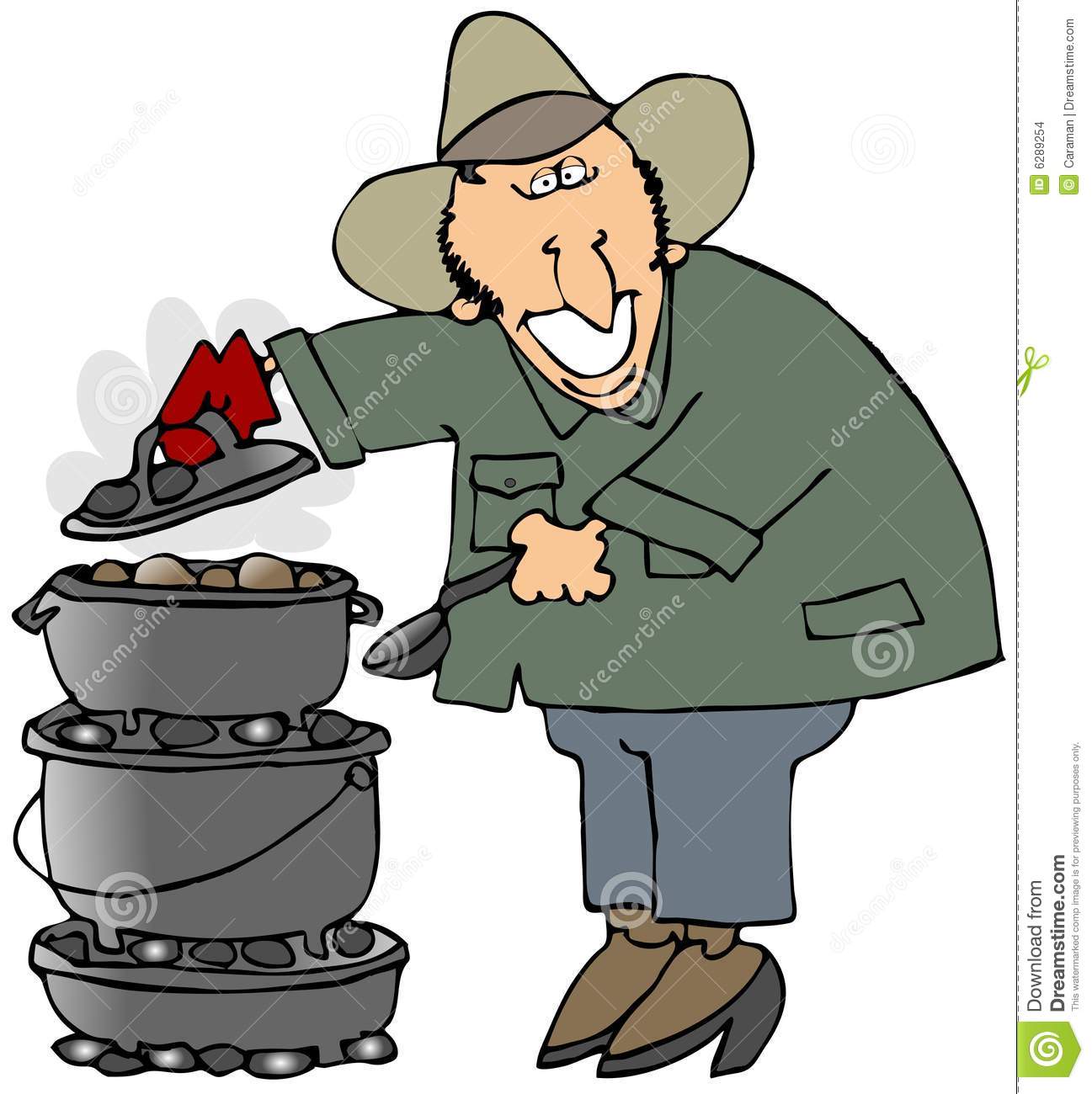 This Illustration Depicts A Man Cooking On Three Stacked Dutch Ovens