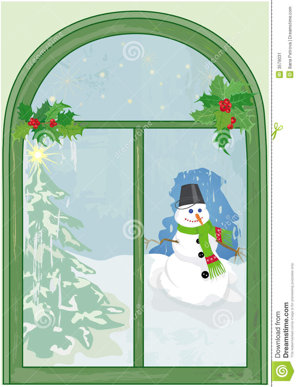 Christmas Window With Snowman And Christmas Tree