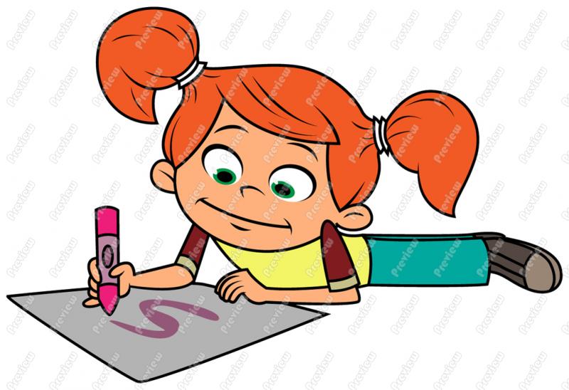 Girl Child Drawing And Coloring Clip Art   Royalty Free Clipart