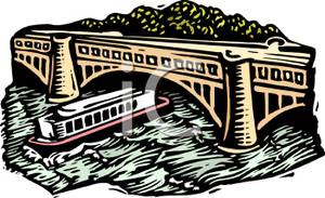 Ferry Passing Under A Truss Arch Bridge   Royalty Free Clipart Picture