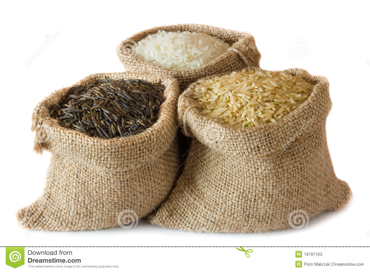 Three Kinds Of Rice In Small Burlap Bags Isolated On White Background 