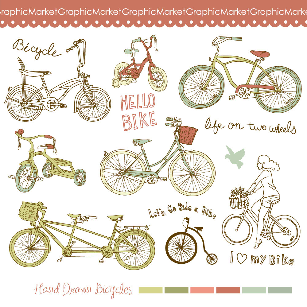 14 Hand Drawn Vintage Bicycles Digital Clip Art By Graphicmarket