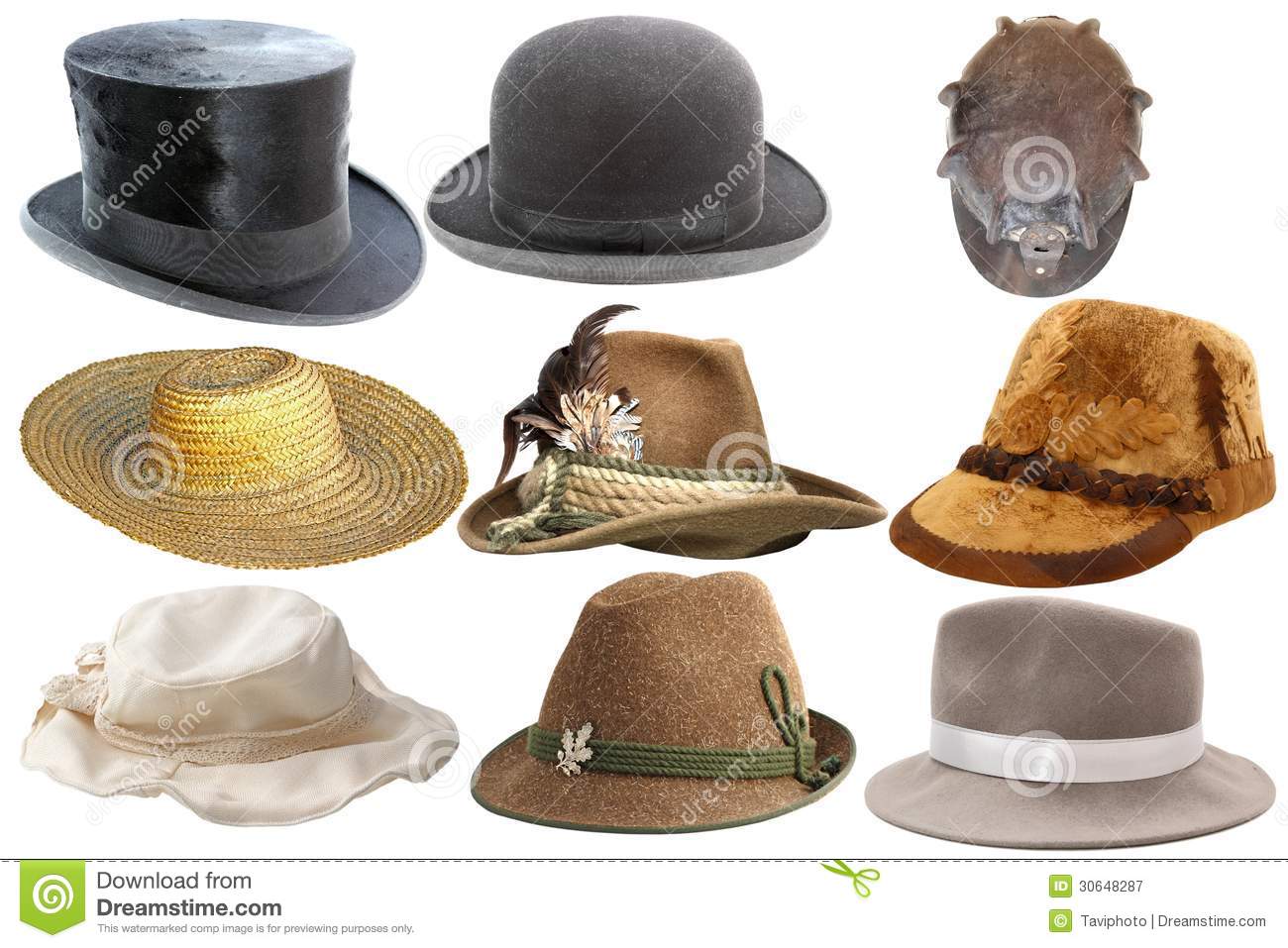 Collection Of Different Types Of Hats Isolated On White Background