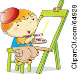 Happy Little Boy Sitting On A Stool And Painting On An Easel