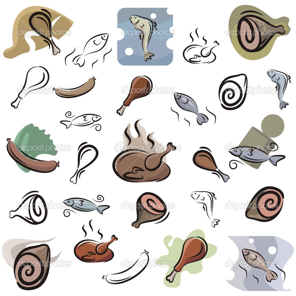 Set Of Meat And Fish Vector Icons In Color And Black And White    