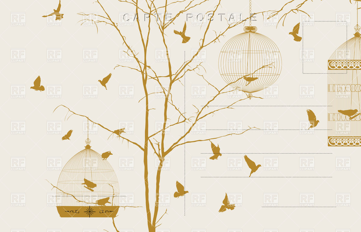 Vintage Postcard With Birdcages On Leafless Tree And Flitting Birds    