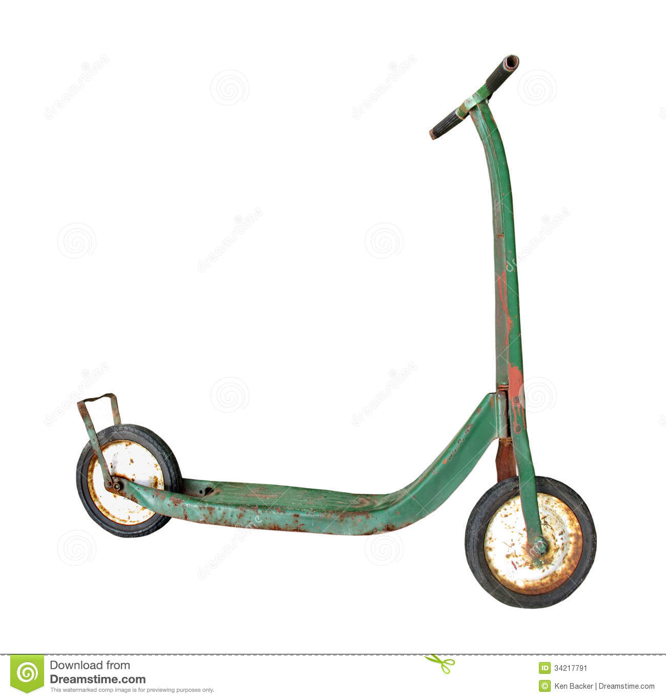 Worn And Weathered Green Child S Push Scooter  Isolated On White