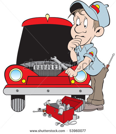 Cartoon Art Of A Mechanic Not Sure Where To Start On Repairing His Car    