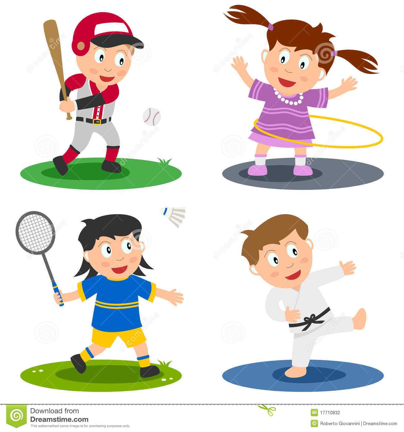 Collection Of Four Kids Playing Sport  Baseball Hula Hoop Badminton    