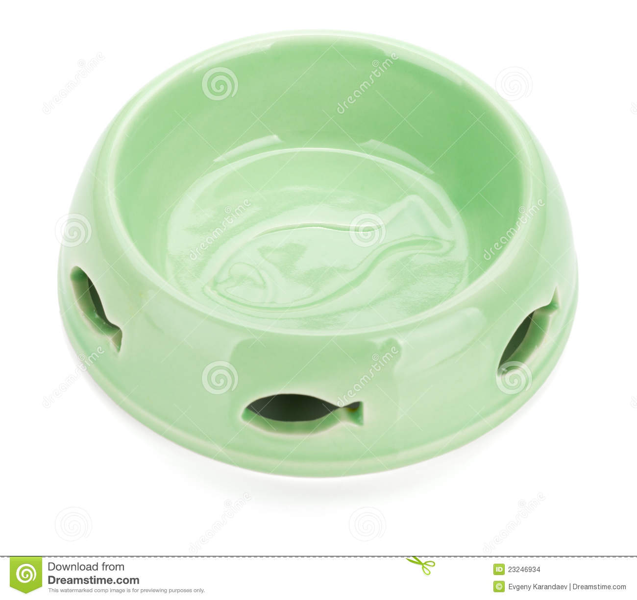 Empty Cat Food Bowl With Fish Decor  Isolated On White Background