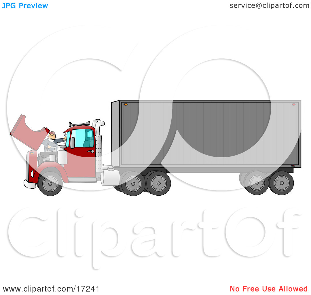 On The Engine Of A Big Red 18 Wheeler Semi Truck Clipart Illustration