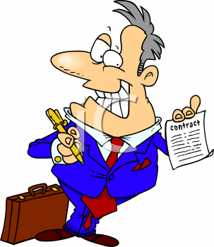 5950 Cartoon Of A Grinning Salesman Holding A Contract Clipart Image