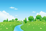 Green Landscape With River Trees And Flowers Stock Illustration