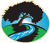 Pecan Tree Winding River Sunrise Retro   Royalty Free Clip Art