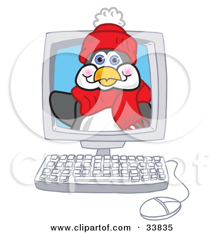 Penguin Mascot Cartoon Character Waving From Inside A Computer Screen