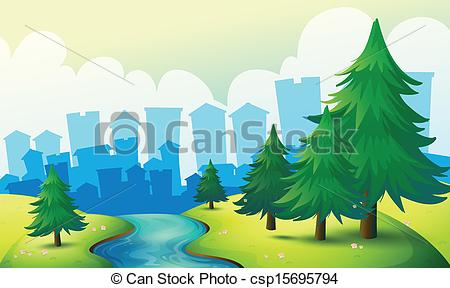Vector   A Flowing River At The Hill With Pine Trees   Stock