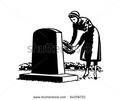 Woman Placing Flowers On Grave Site   Retro Clipart Illustration