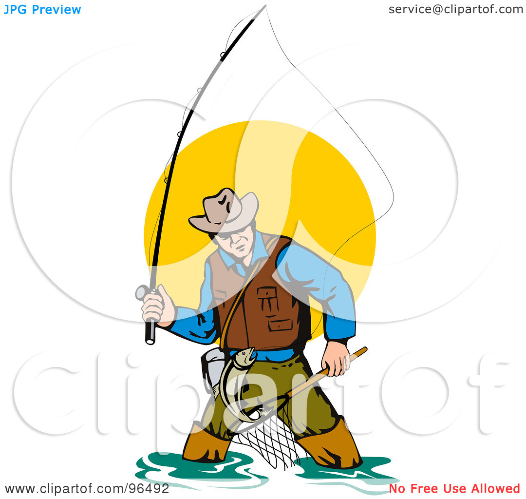 Free  Rf  Clipart Illustration Of A Wading Fly Fisherman With A Net