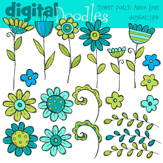 Instant Download Teal Flower Patch Digital Clip Art By Kpmdoodles
