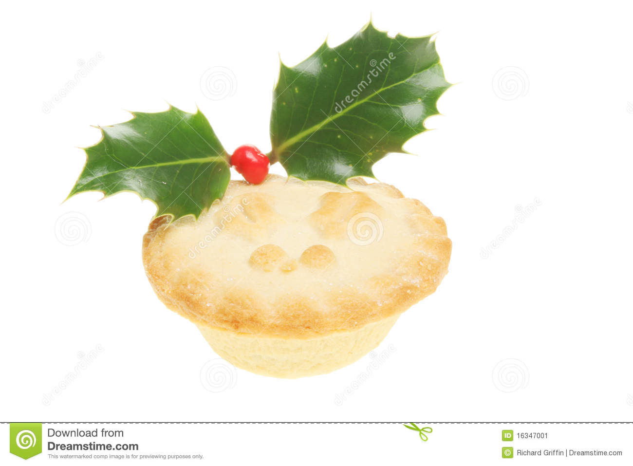 Mince Pie Decorated With A Holly Motif And A Live Sprig Of Holly With