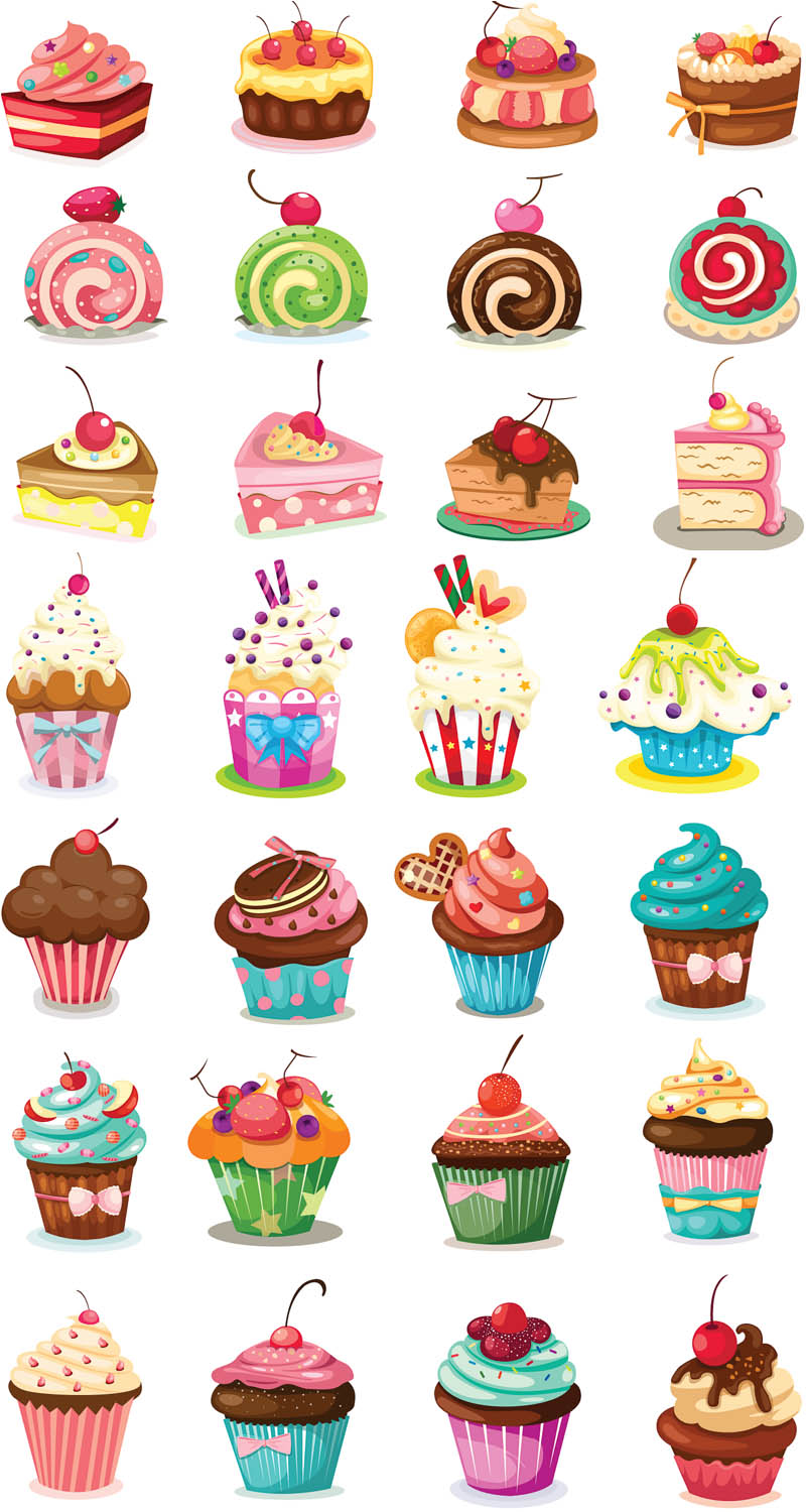 Set Of 28 Vector Cartoon Cupcakes Birthday Cakes And Pies For Your