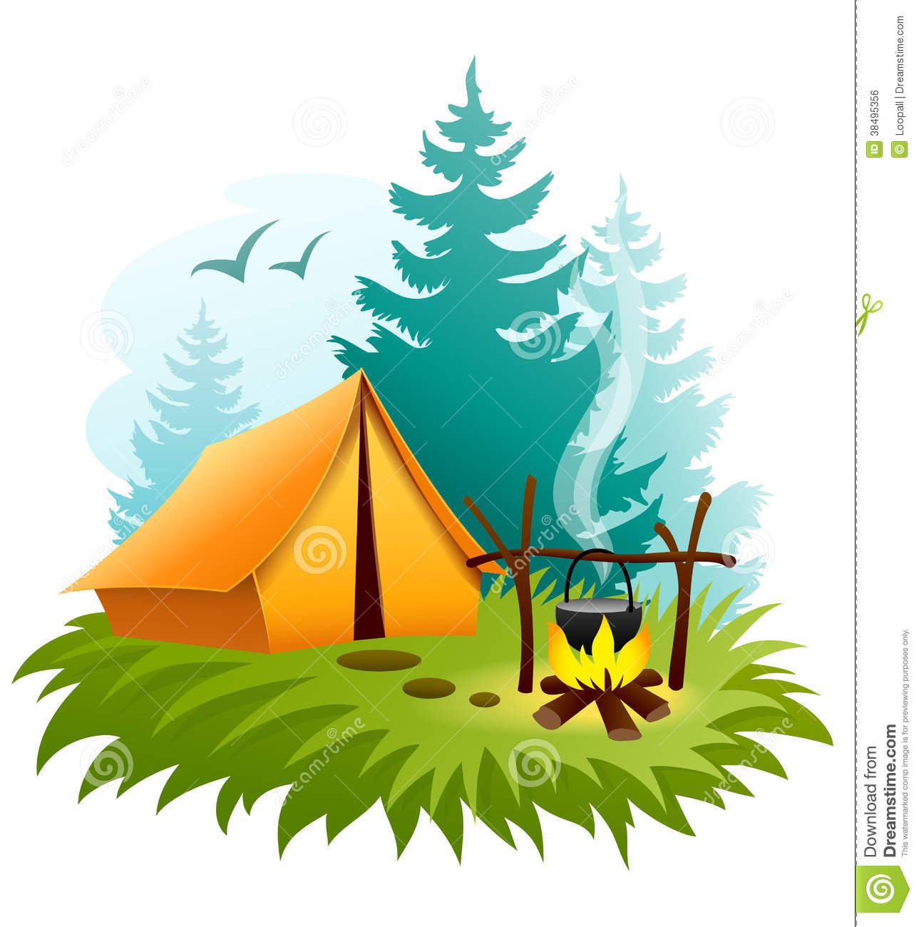 Camping In Forest With Tent And Campfire  Eps10 Vector Illustration