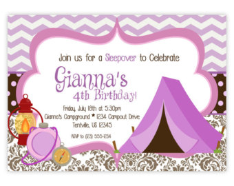 Camping Invitation Pink Purple Ch Evron And Brown Damask Camping Tent
