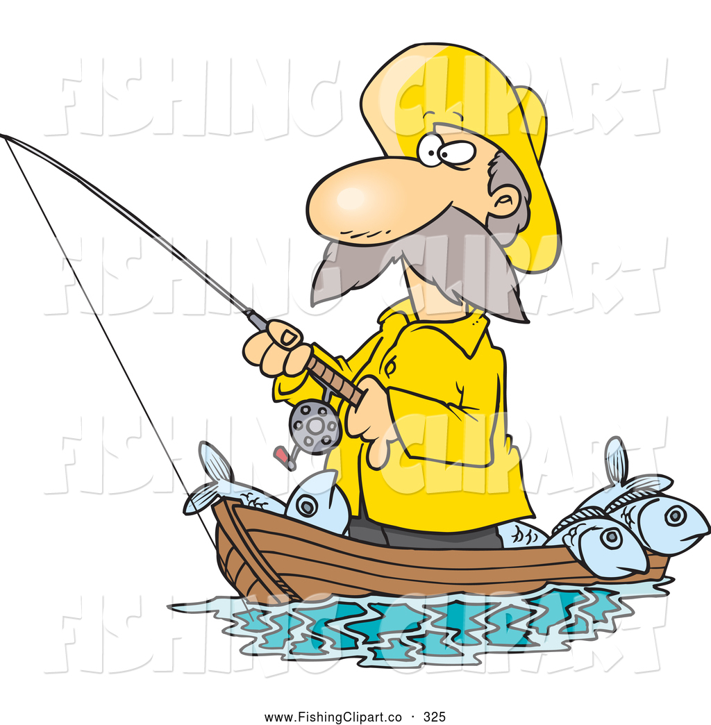Cartoon Fisherman In Yellow Rubber Gear Standing In His Boat