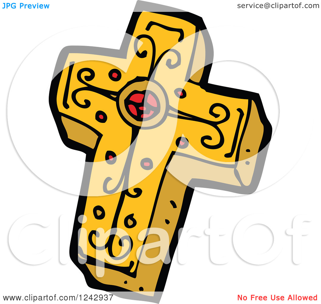 Clipart Of A Gold And Red Christian Cross   Royalty Free Vector