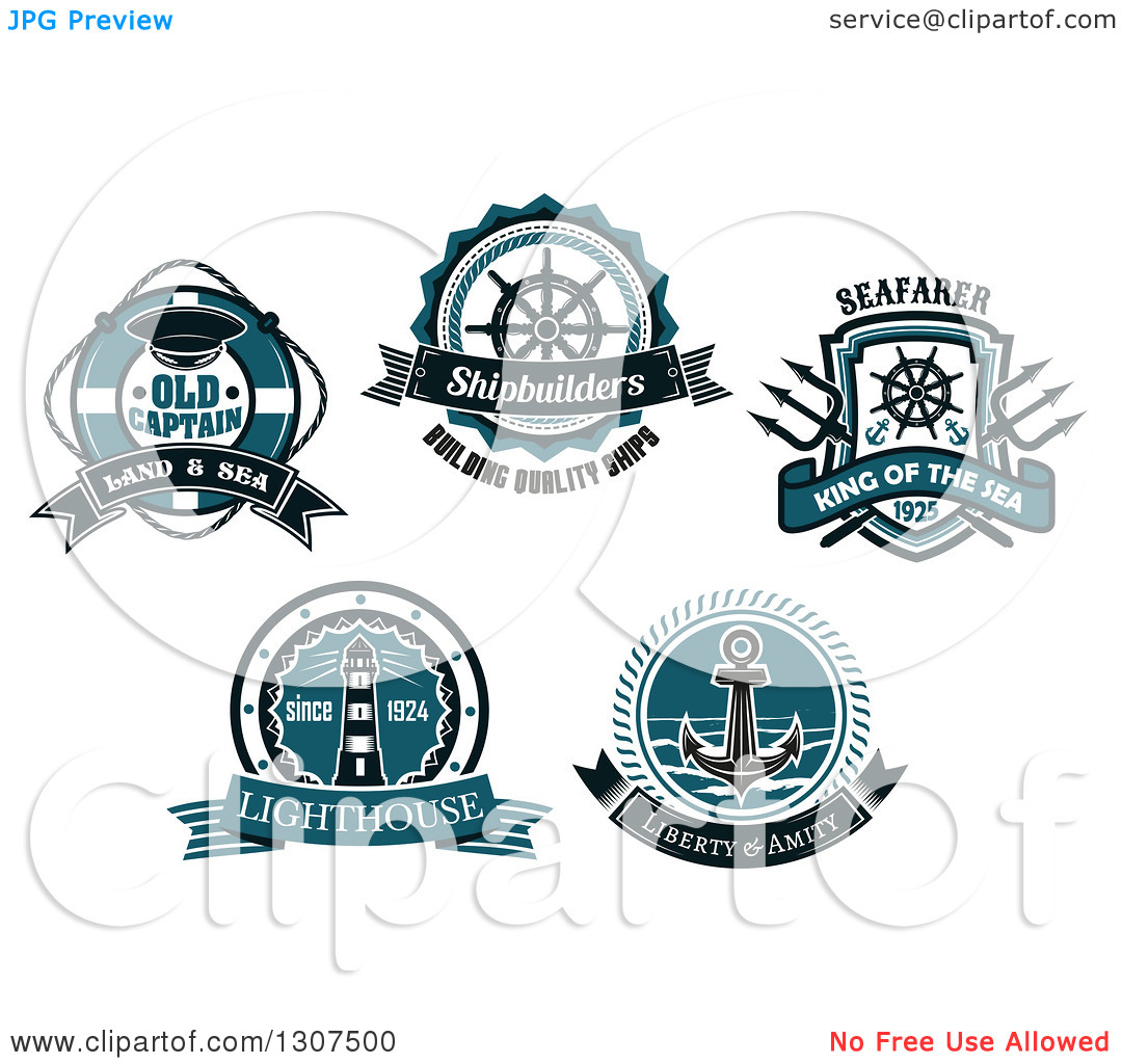 Clipart Of Blue Nautical Life Buoy Helm Trident Lighthouse And    