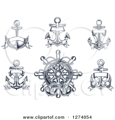Clipart Of Navy Blue Nautical Anchors And A Helm   Royalty Free Vector
