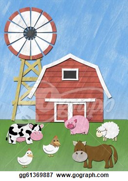Farm Animal Stand In Front Of Barnyard And Wind Mill  Clipart