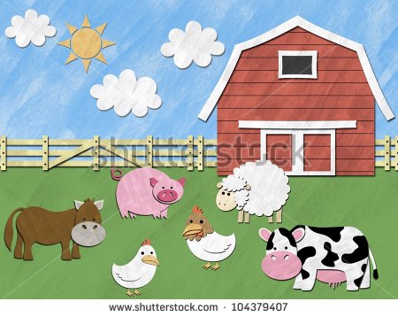 Farm Animals Stand In Front Of Barnyard On Sunny Day   Stock Photo
