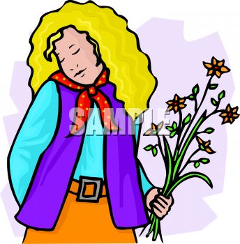 Royalty Free Clip Art Image  Shy Sensitive Girl With Flowers