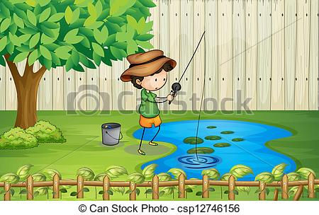 Vector   A Boy Fishing At The Pond   Stock Illustration Royalty Free