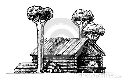 Vector Black And White Illustration Of Sawmill Stylized As Engraving