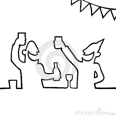 Black And White Drawing Of Two People Partying And Holding Drinks