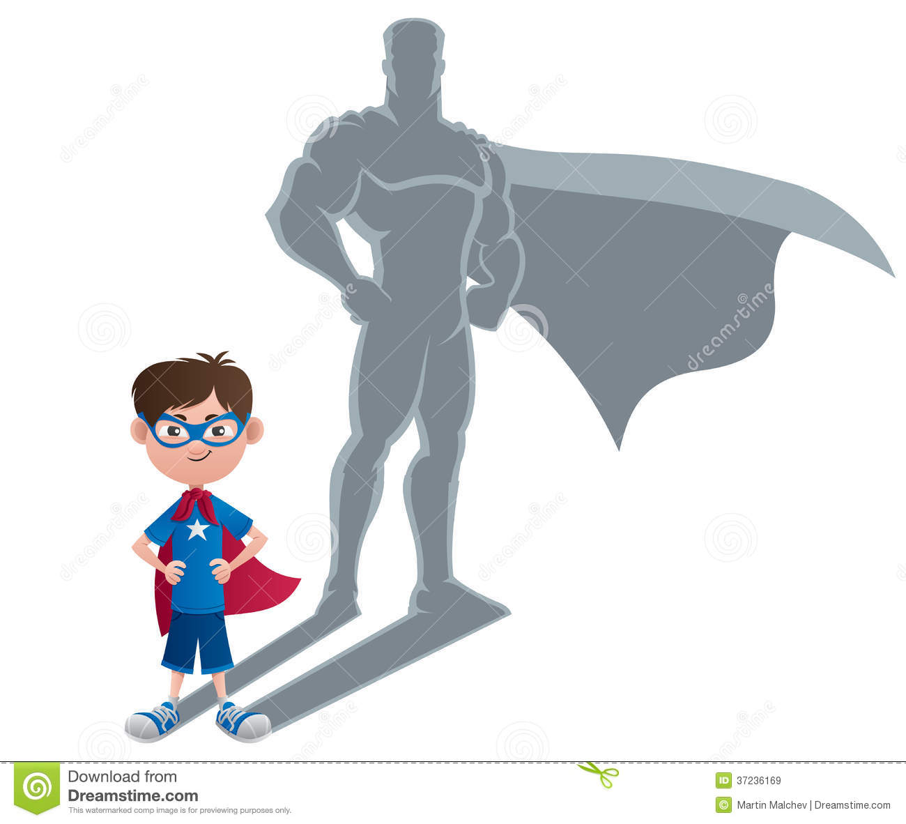 Conceptual Illustration Of Little Boy With Superhero Shadow
