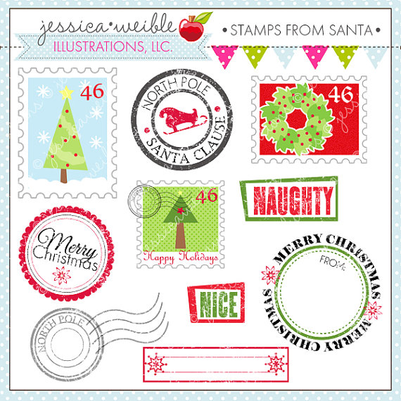 Digital Clipart   Commercial Use Ok  Postage Stamp Clipart Christmas    