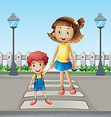 Little Child And A Girl Crossing The Pedestrian   Clipart Graphic