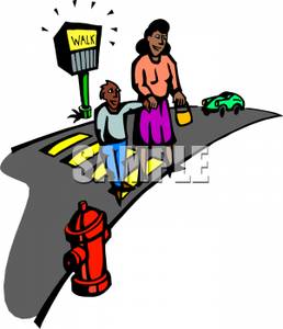 Mother And Son Crossing A Busy Street   Royalty Free Clipart Picture