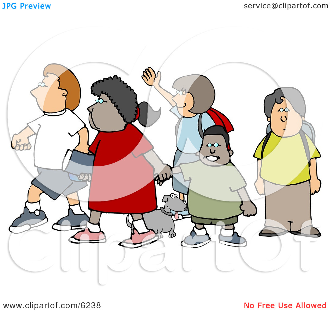 Of School Children And A Little Dog Crossing A Street Clipart Picture