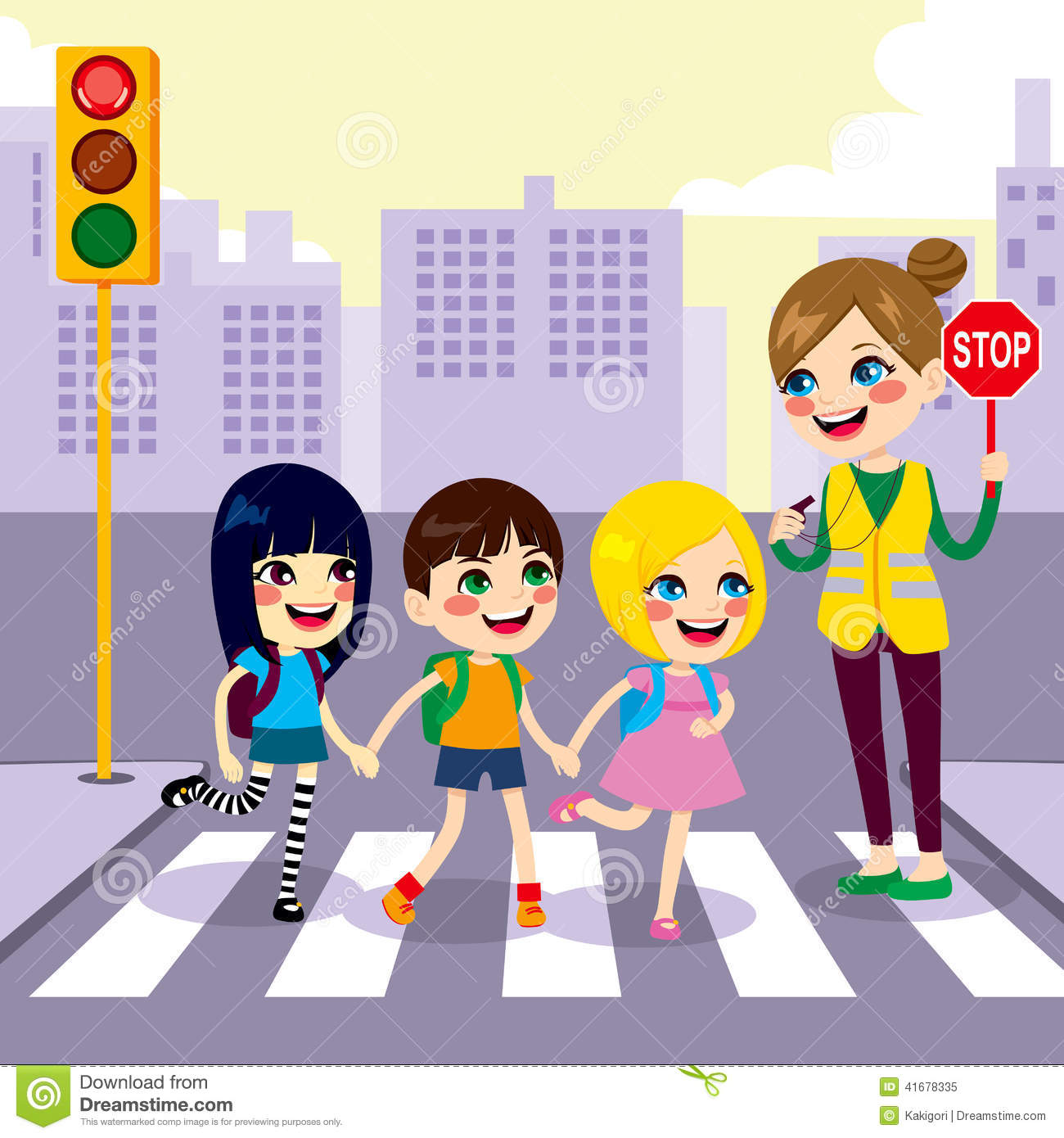 Three Cute Little Children School Students Crossing Street Together