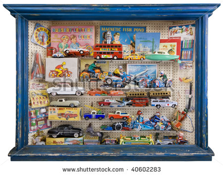 Toy Shop Window Full Of Tin Plate And Other Retro Toys And Games    