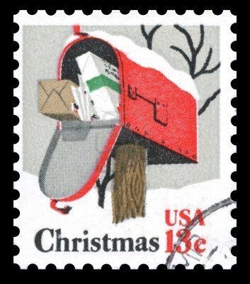 Usa Vintage Postage Stamp Showing An Image Of A Mailbox At Christmas
