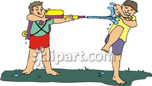 Boys Playing With A Water Gun Royalty Free Clipart Picture